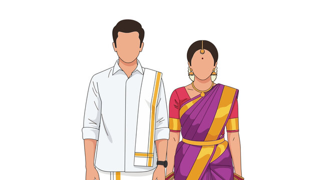 Indian couple in traditional attire, man in white dhoti and shirt, woman in purple saree