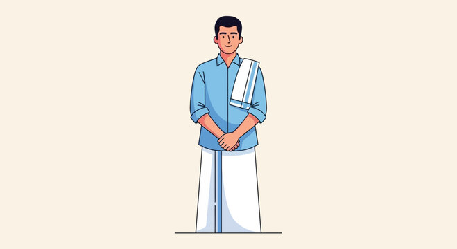 Man in traditional Indian attire, lungi and shirt, standing