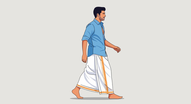 Man in traditional Indian dhoti and shirt walking, full body shot, side view, illustration