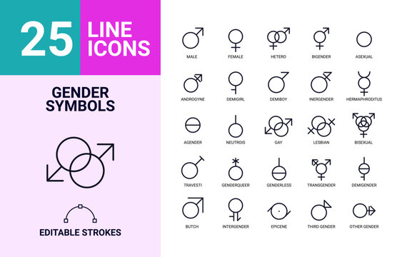 25 Gender symbols line icons set vector editable strokes