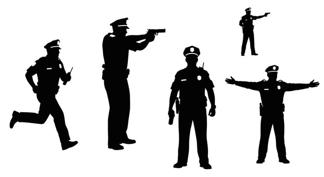 Police Officer Silhouettes: Action Poses, Gun, Running, Directing Traffic