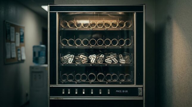 In a dimly lit corridor, a vending machine dispenses razor blades, a haunting metaphor for the commercialization of despair and the accessibility of self-destructive tools in society