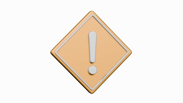 菱形の警告マークの3Dアイコンが回転するアニメーション。ビックリマークのループするCG動画。黄色いエクスクラメーションマークの注意喚起素材