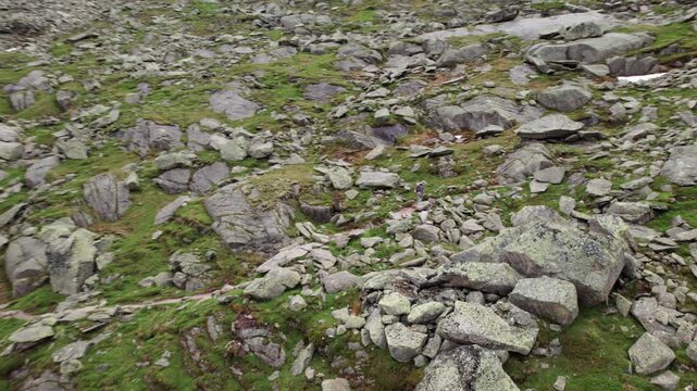 Aerial 4k drone pan from femail hiking to Aletsch Glacier, textured ice and crevasses flowing through a high alpine valley under overcast skies in the Swiss Alps.