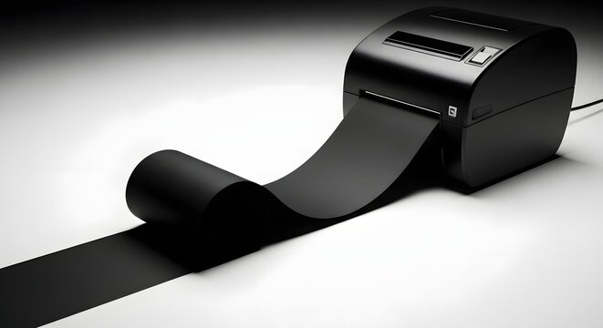 A minimalist black printer unspools a never-ending ribbon of darkness, an evocative visual metaphor for the mystery, secrecy, and the vast unexpressed void of digital information