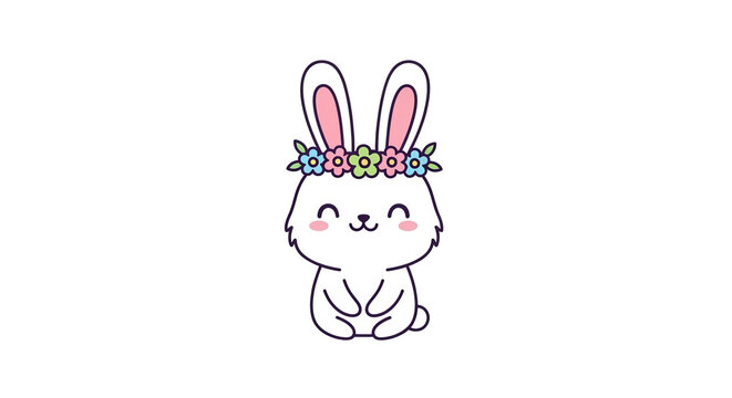 Adorable white bunny wearing a colorful flower crown with closed eyes and a happy smile.