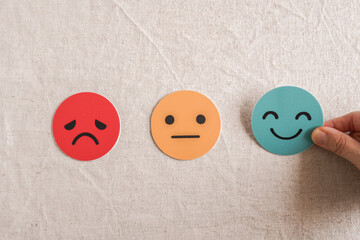 customer feedback, satisfaction rating, experience survey, emotional state, happy face, sad face,...