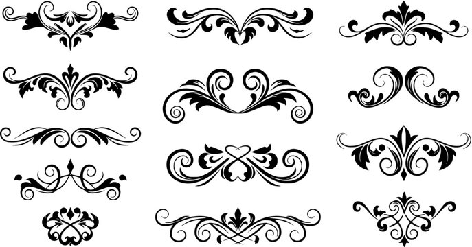 Elegant Vector Set of Vintage Black Ornamental Flourishes, Scroll Dividers, and Decorative Design Elements for Borders  Headings