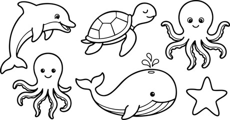 Fototapeta premium Cute sea animals doodle line art illustration set