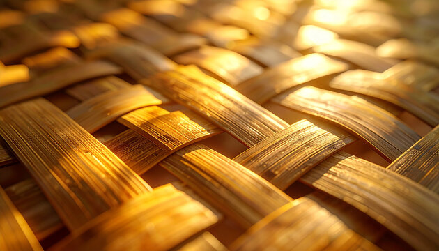 Close up of woven basket texture with warm sunlight and natural patterns