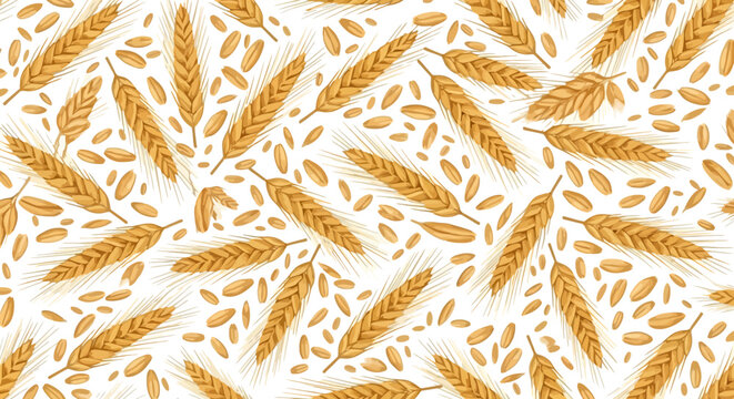 Golden wheat ears and grains seamless pattern on white background