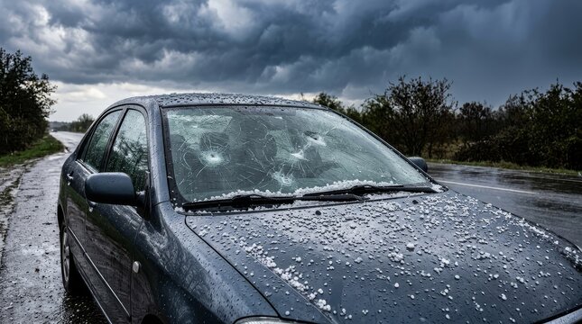 Dark grey car with a severely damaged cracked windshield and hail pellets covering the hood parked on a wet roadside during a gloomy stormy day outdoors