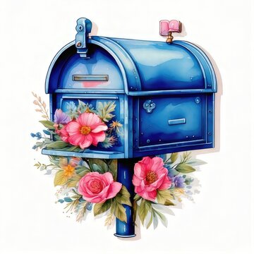Blue mailbox with flowers, watercolor style
