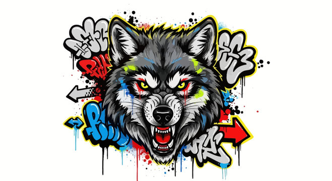 Aggressive Wolf Head Graffiti Art with Spray Paint Splatters
