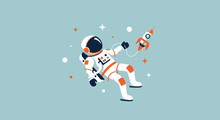 Astronaut floating in space with a rocket, stars, and planets © Alis