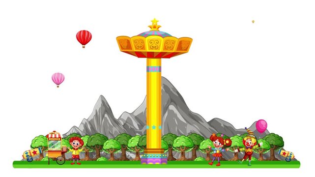 Animated Amusement Park Scene with Spinning Swing Ride and Hot Air Balloons