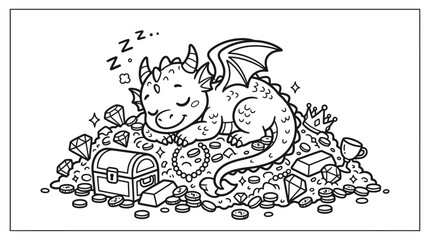 Sleeping dragon on treasure hoard gold. © Pidi