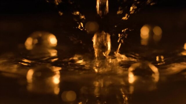 Close up of golden water droplets on a reflective surface in dim lighting