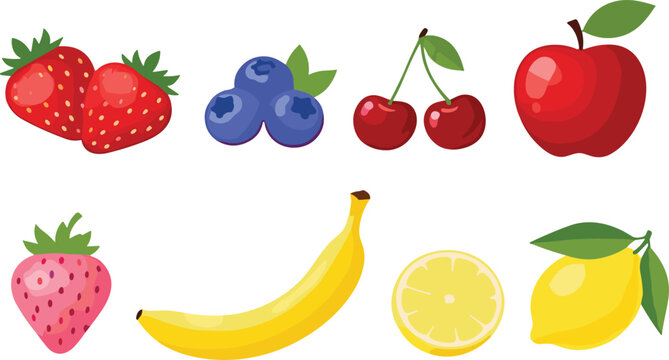 Fresh fruit icons collection with strawberry, blueberry, cherry, apple, banana and lemon colorful vector illustration set