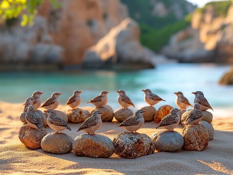 Birds on stones circle a beach