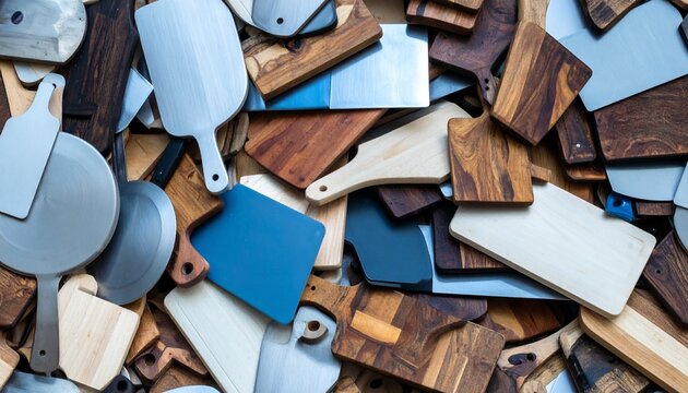 Cutting boards and kitchen tools are scattered on a table