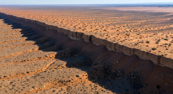 Aerial view of a long, straight escarpment cutting through a vast, arid desert landscape with sparse vegetation