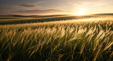 Obraz premium Golden barley field at sunset with soft sunlight and gentle breeze moving the stalks