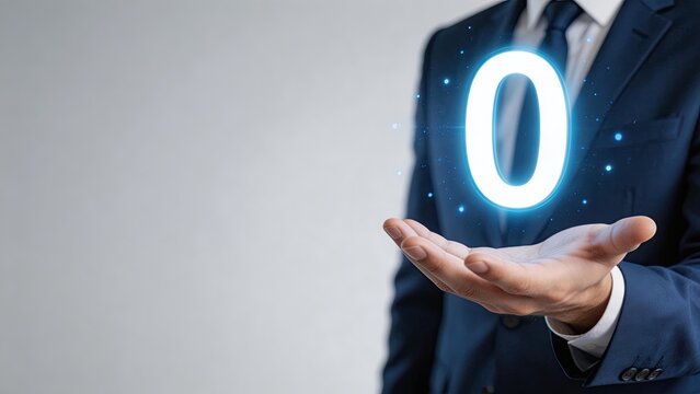 Businessman in a blue suit holding a glowing digital number zero in his hand symbolizing zero cost zero risk or starting from scratch with a modern technology concept and copy
