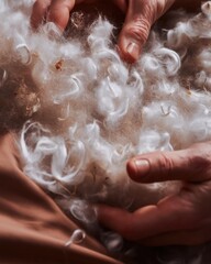 Fototapeta premium Close Up of Hands Sorting Raw Cotton Fibers and Soft Wool Tufts in a Textile Workshop for Luxury Bedding Manufacturing and Sustainable Fashion Advertising