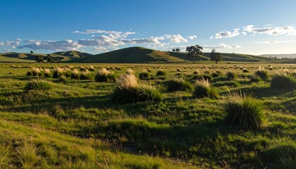 Fototapeta premium Serene rolling grassland with wild shrubs under clear blue sky at golden hour
