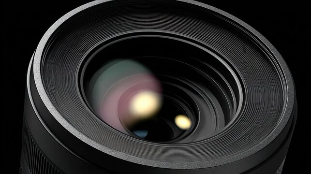 Detailed close-up of a camera lens showcasing its intricate rings and light reflections