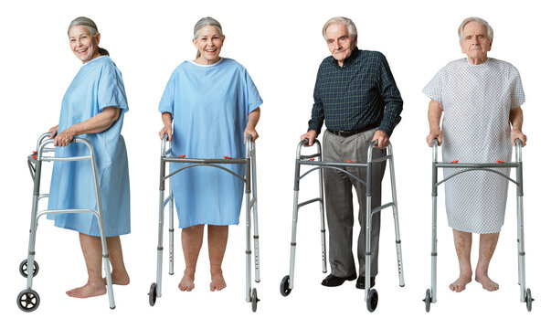 PNG Elderly individuals using walkers on transparent background