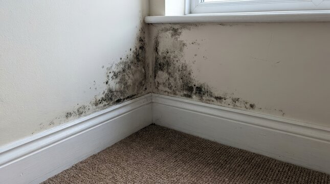 Extensive black mold growing on a white interior wall in a damp corner of a residential room indicating poor ventilation and potential health risks