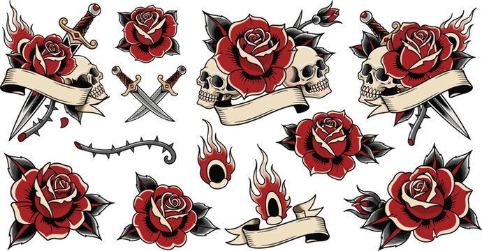 Vintage Tattoo Style Collection Featuring Skulls, Red Roses, Daggers, Flames and Banners Traditional Old School Tattoo Vector Illustration Set