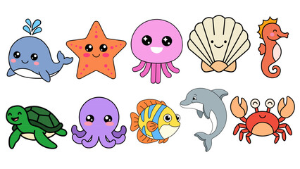 Naklejka premium Cute Sea Animals Collection Flat Vector Underwater Life Illustration