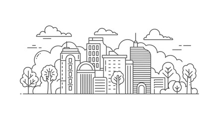 Obraz premium Modern city skyline line art illustration with urban buildings, trees, and clouds, ideal for architectural and urban design concepts.