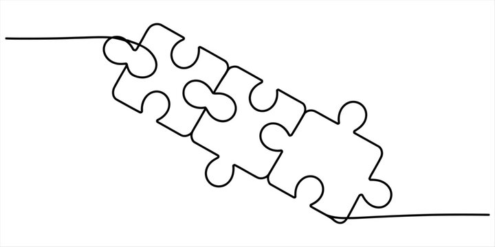 Continuous one line drawing of three puzzle pieces interlocking together on a white background Vector, illustration