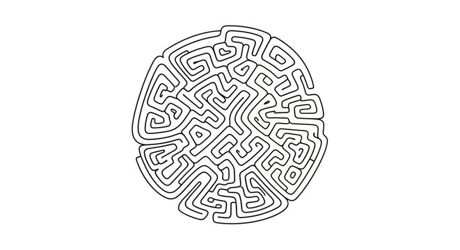 Abstract circular maze or labyrinth, intricate black and white line art illustration. Complex puzzle, challenge, solution, problem-solving concept.
