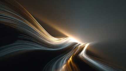 Abstract digital art piece featuring dynamic, flowing golden and white light streaks on dark background