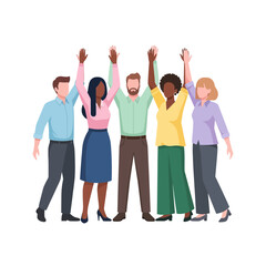 Fototapeta premium Diverse group of people raising hands in celebration, unity, teamwork, success, and community