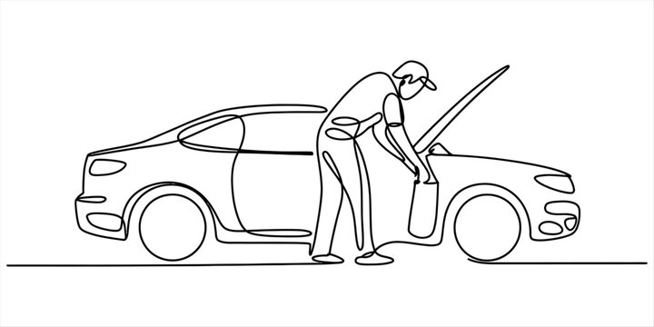 Single line drawing of a mechanic inspecting a car engine with the hood open on white background. Vector, illustration
