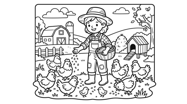 Boy Feeding Chickens on Farm Land.
