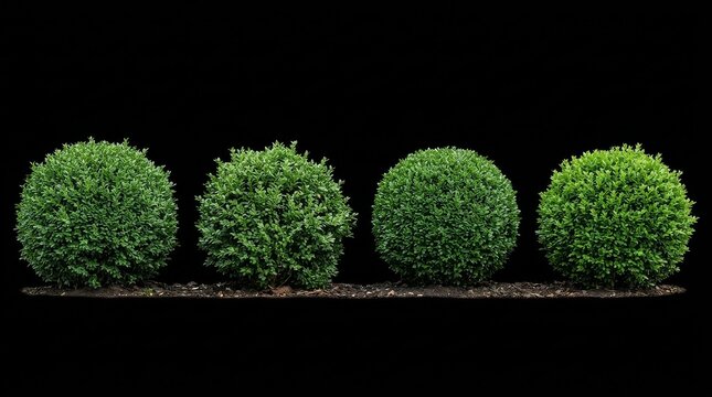 Four perfectly trimmed green boxwood bushes standing in a neat row isolated on a clean black background studio shot for easy compositing and design elements