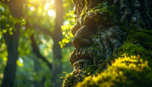 樹木の形が男性の顔に見える神秘的な古木の写実的写真素材