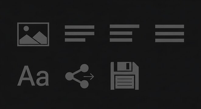 Simple dark interface icons image, text alignment, font, share, save on a black background