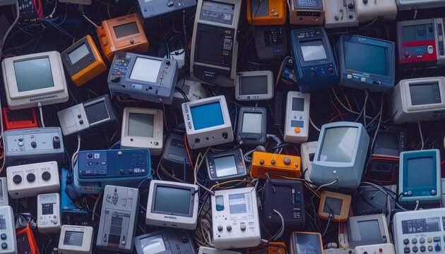 Various old electronic devices are scattered on a surface