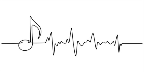 Obraz premium Continuous line drawing of a musical note merging into a heartbeat rhythm on white background Vector, illustration