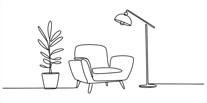 Continuous line drawing of a minimalist living room with an armchair, floor lamp, and a potted plant. Vector, illustration