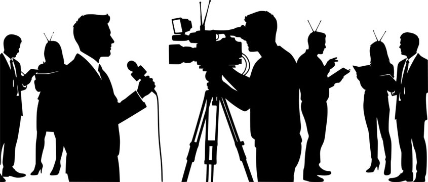 Silhouette vector illustration of news reporters and cameramen working together, broadcasting live television interview, media journalism concept, communication and press coverage scene