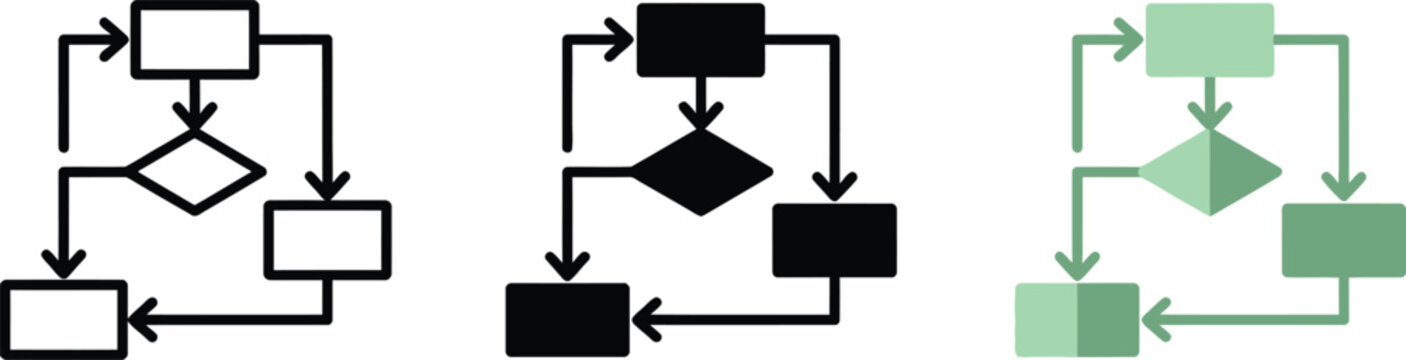 A collection of three minimalist vector icons representing a classic process flowchart with decision points and steps.